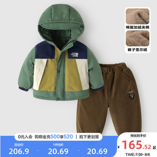 两件套潮 右欧儿童冬季 套装 男童加绒夹棉抗风棉服外套保暖卫裤 童装