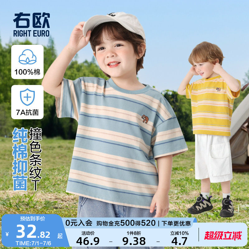 右欧男童女童条纹短袖T恤纯棉多巴胺夏季新品童装洋气儿童半袖衫 - 实物图