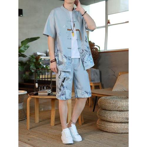 盘扣套装两件套风禅意恤新t上衣男唐装中式复古中国男装短袖夏季