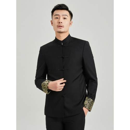 盘扣中式唐装修身龙纹服表演主持风中国会青年男士结婚新礼年立领