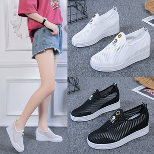 休闲女鞋 坡跟单鞋 女内增高厚底百搭一脚蹬网鞋 春夏镂空透气小白鞋