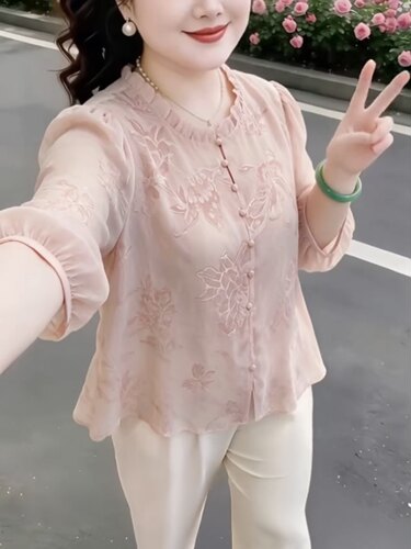 夏季新款妈妈七分袖上衣女中式温柔粉色小衫设计感高档透气衬衫潮