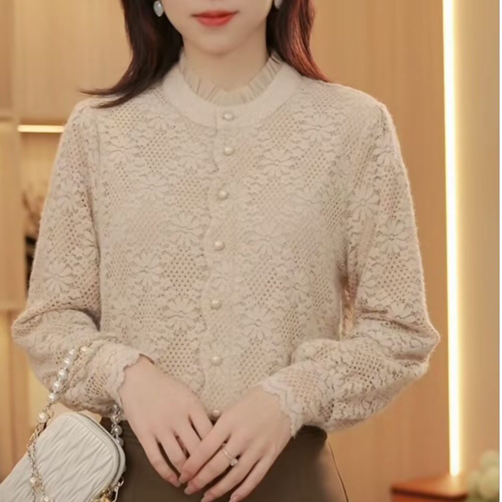 秋冬新款加绒保暖打底衫女长袖木耳领蕾丝小衫气质减龄内搭上衣潮