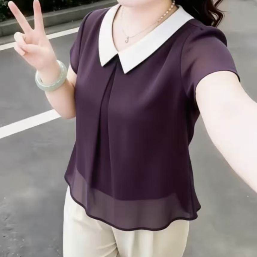洋气百搭纯色宽松显瘦短袖上衣夏季女新款小衫娃娃领拼接时尚t恤