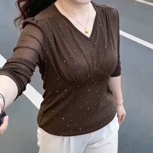 秋季修身显瘦女装打底衫妈妈时尚洋气百搭气质上衣纯色长袖V领T恤
