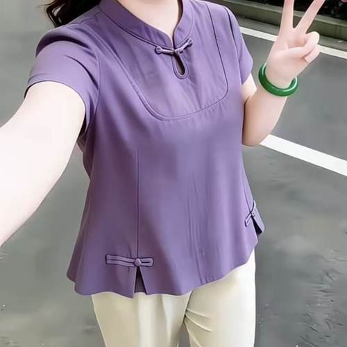 妈妈立领短袖衬衫气质简约上衣2026夏季新款国风显瘦中式盘扣小衫