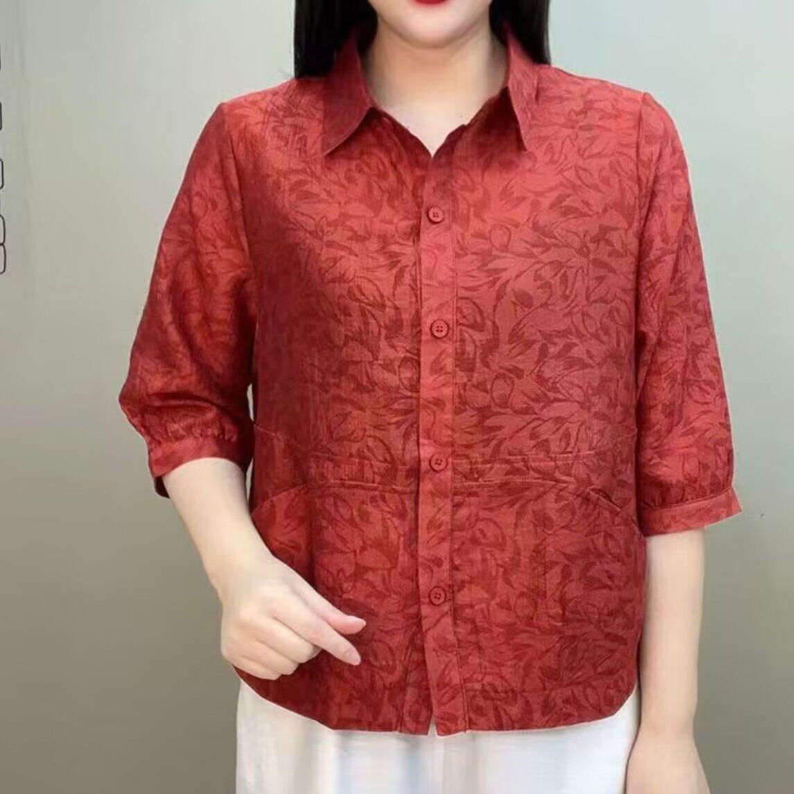 春夏季七分袖妈妈气质碎花衬衫时尚减龄宽松新款百搭翻领上衣开衫