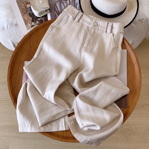 2026人字纹天丝亚麻休闲直筒裤女裤松紧高腰裤子女宽松阔腿裤显瘦