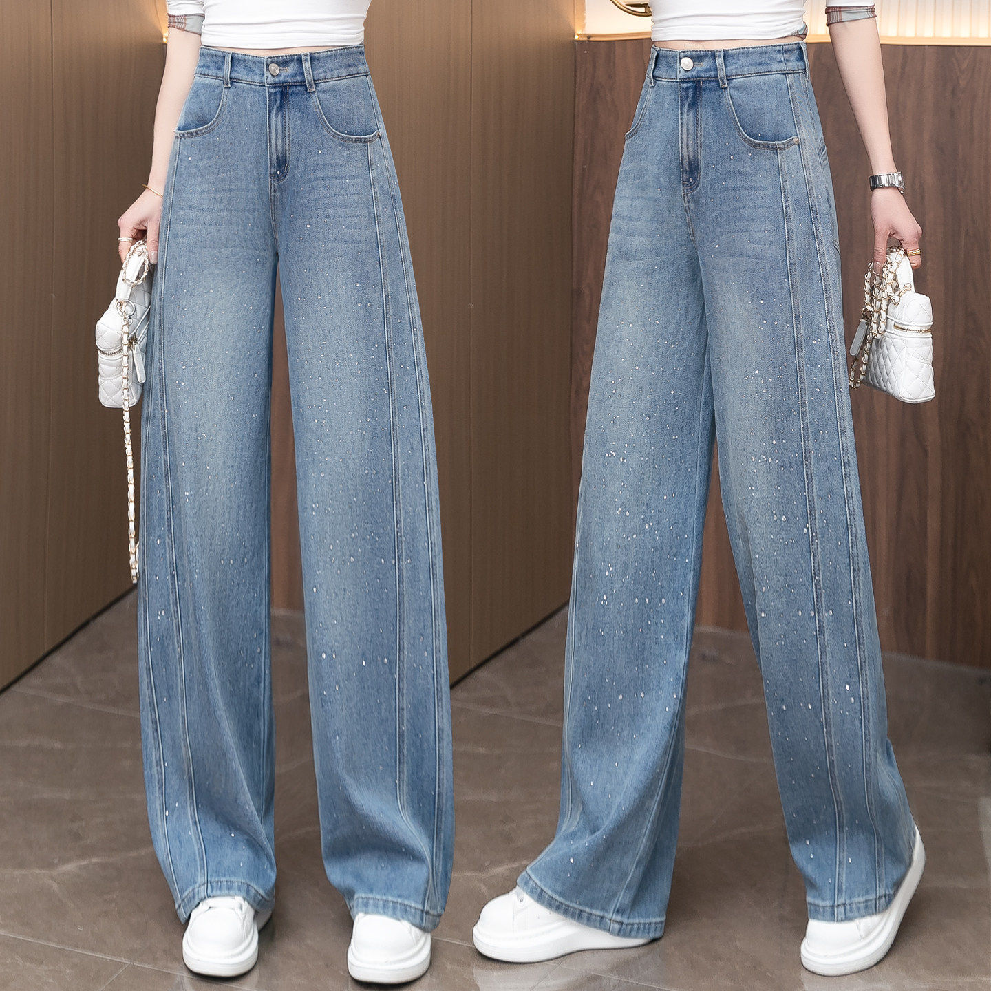 浅蓝色牛仔弯刀裤女2026年春秋季新款高腰亮闪闪烫钻宽松阔腿裤子