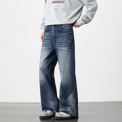 微喇美式复古做旧猫须水洗牛仔裤