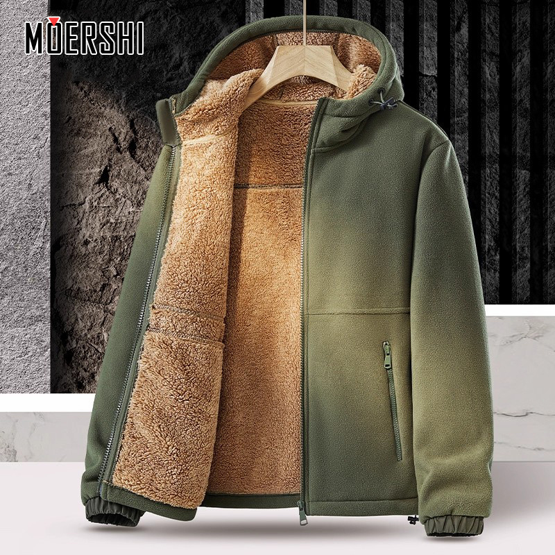 加绒外套男秋冬摇粒绒连帽夹克