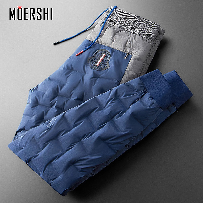 冬季高端时尚撞色拼接加厚保暖白鹅绒情侣男女外穿小脚休闲羽绒裤