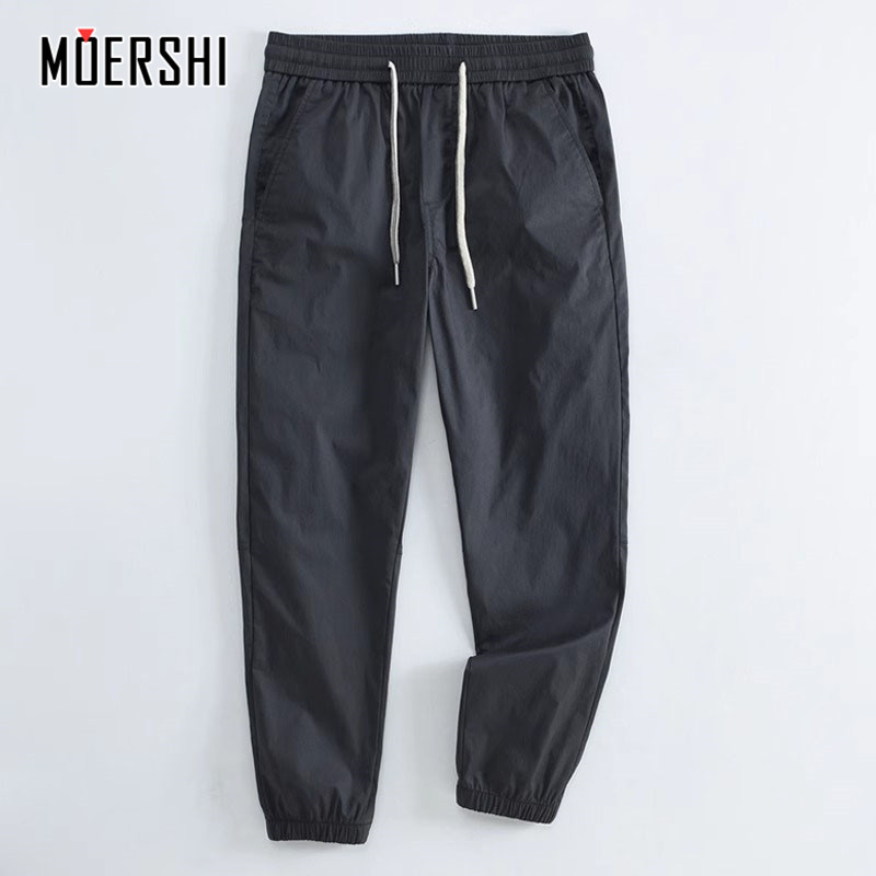 夏季薄款松紧腰系带束脚裤男士运动休闲裤纯色轻奢百搭九分裤子男