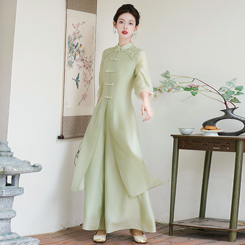 新中式唐装中国风汉服套装盘扣旗袍女美容院茶服茶艺师服装工作服图片