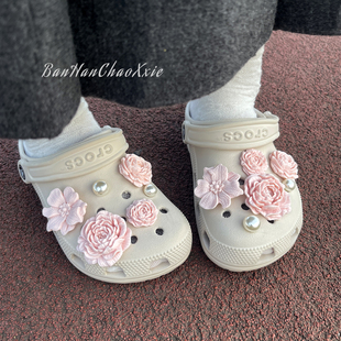 石英粉泡芙花束洞洞鞋配饰鞋花适配crocs卡洛驰装饰diy可拆卸鞋扣