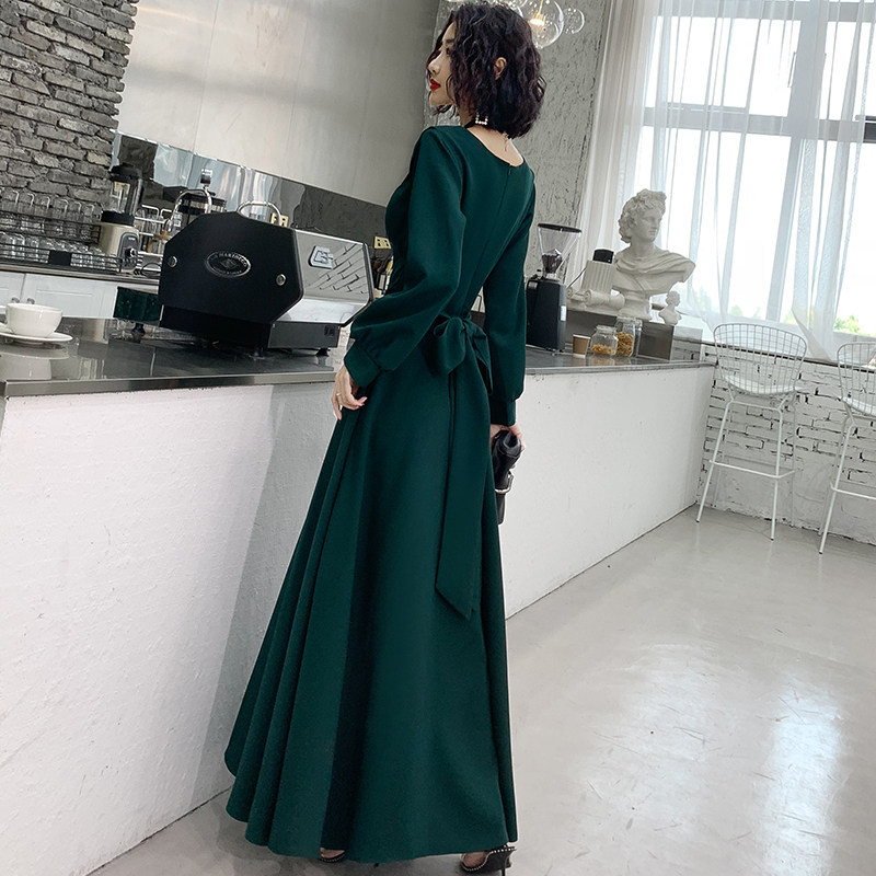 高端晚礼服连衣裙女宴会气质2020新款绿色长款高级质感冬平时可穿