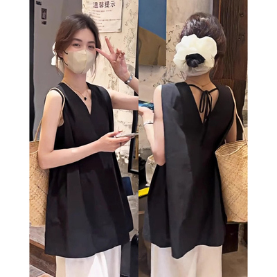 老钱风黑色露背v领吊带背心女夏外穿亚麻无袖衬衫露肩娃娃衫上衣