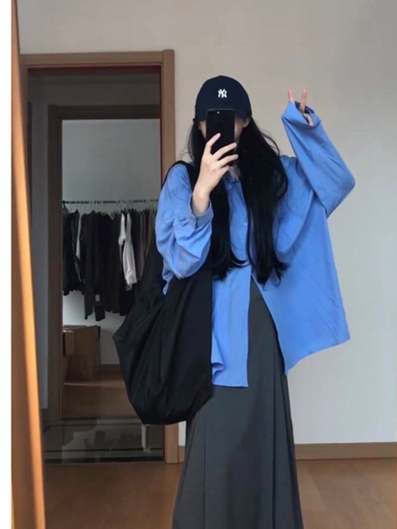 克莱因蓝色亚麻防晒衬衫外套女夏薄款慵懒风外搭衬衣开衫法式上衣