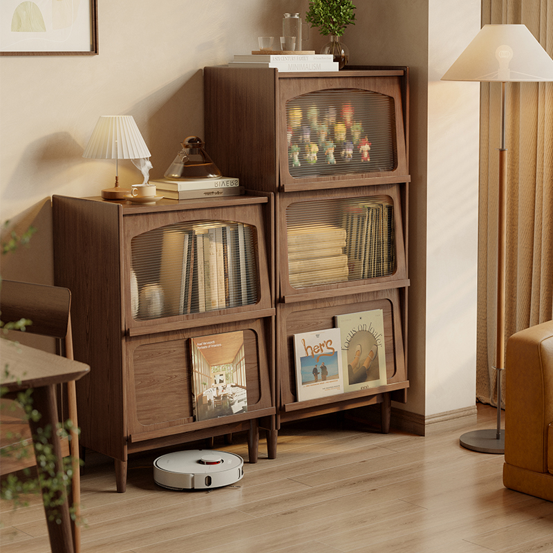 红林日记实木防尘书柜储物柜一体靠墙带柜门书架小矮柜客厅展示柜