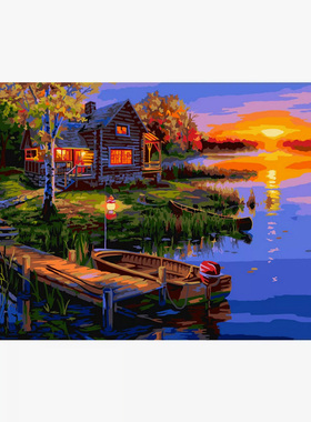湖边一个安静的地方高级感数字油画diy填充手绘丙烯油彩画装饰画
