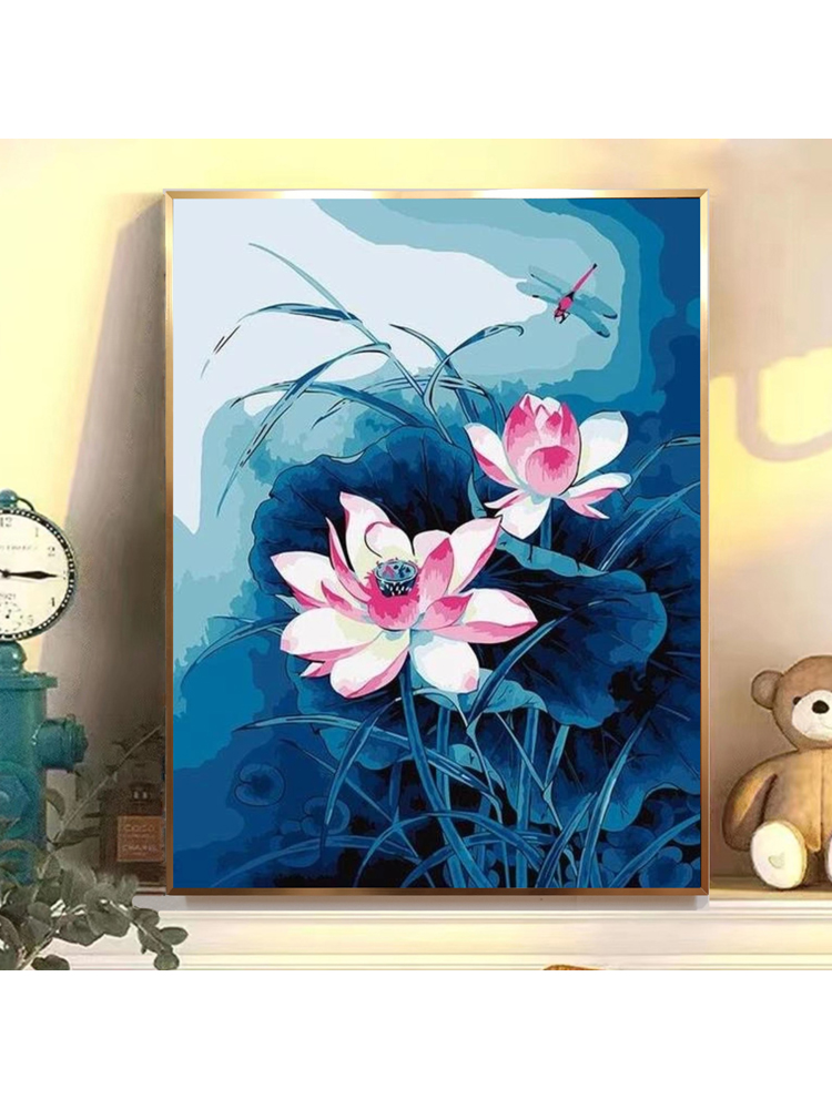 粉白荷花数字油画diy填色减压自愈手绘客厅装饰画图片