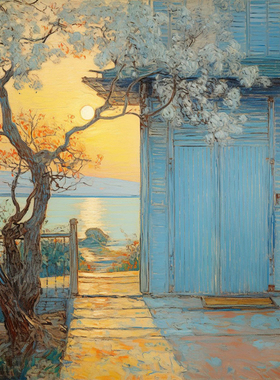 淡青色的海数字油画diy风景丙烯装饰画手工涂色彩绘清新高级感