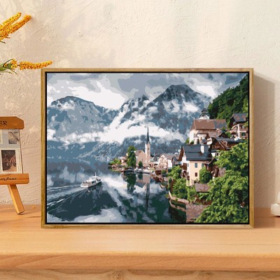 欧式小镇湖岸逸居diy数字油画高还原丙烯画油彩填色手工装饰画