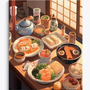 日式餐食diy数字油画填色丙烯画油彩减压装饰画支持喷绘打印成品
