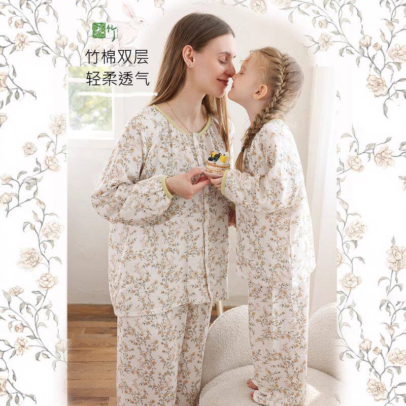 春夏竹棉纱布长袖长裤抗菌透气薄款儿童女宝孕妇空调房家居服套装