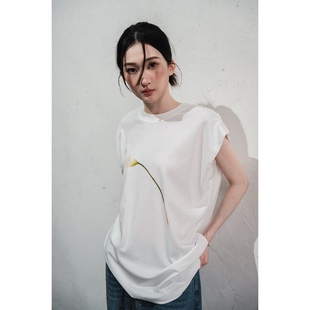 法式优雅风圆领无袖T恤背心女夏季郁金香印花宽松百搭