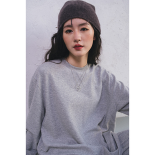 2026春简约休闲风灰色长袖T恤女宽松圆领松弛廓形上衣登记套卫衣