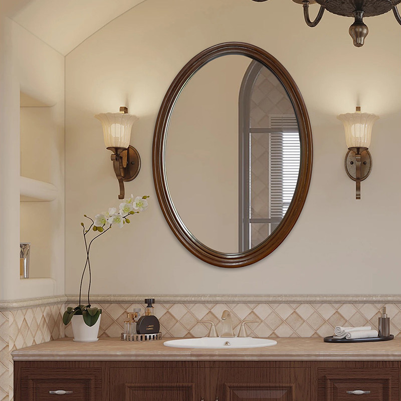 中古风民宿复古装饰镜ins风高级感梳妆镜胡桃木色卧室桌面化妆镜