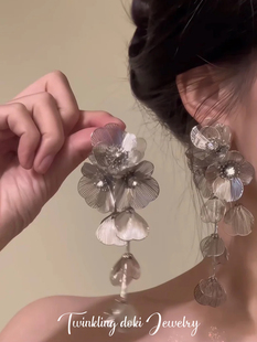 新中式金属银色花朵长款耳环耳夹复古夸张圆脸显瘦晚宴大耳饰耳钉