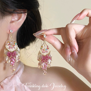 「水晶面纱」复古重工粉色流苏民族风耳饰耳夹无耳洞女高级感耳钉