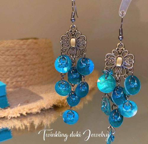 异域民族风～波西米亚孔雀蓝绿贝壳流苏耳环小众复古长款耳坠耳夹