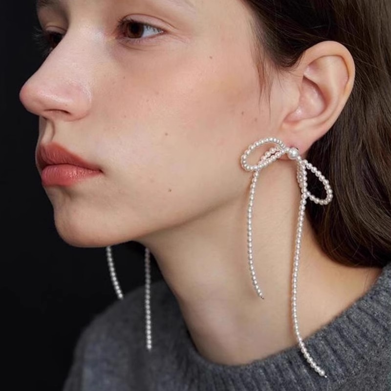 日韩仿珍珠蝴蝶结925银耳环耳夹