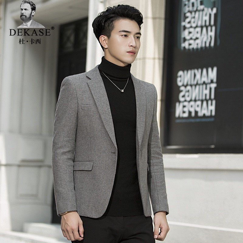 Dekase 羊毛西装外套男韩版修身商务单西外套秋冬休闲毛绒西服男