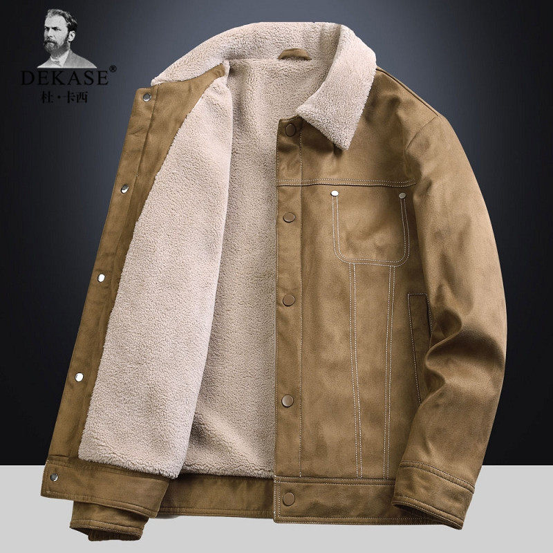 Dekase 加厚工装卫衣男冬季加绒翻领铺棉外套中青年男士麂皮夹克