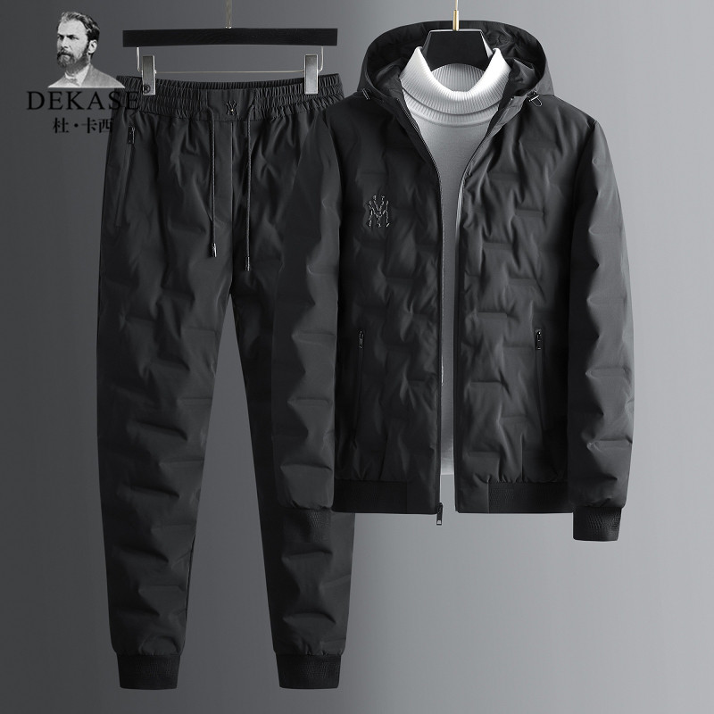 Dekase 加厚羽绒服套装男冬季户外休闲保暖两件套白鸭绒连帽套装