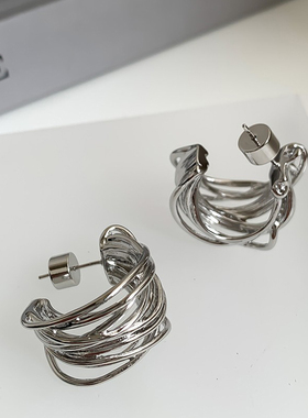 S925银针银色复古高级感镂空金属重工绕线C形圈圈耳环潮人耳饰女
