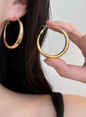S925银针金属大圈圈耳环简约冷淡时尚hoop耳圈夸张潮人嘻哈风个性