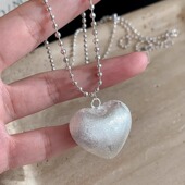 银白色拉丝爱心轻奢高级感项链长款 毛衣链气质时髦颈链潮人小众女