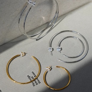 S925银针简约冷淡风金属光面素圈大圈圈潮人个性 Hoop耳环耳饰女