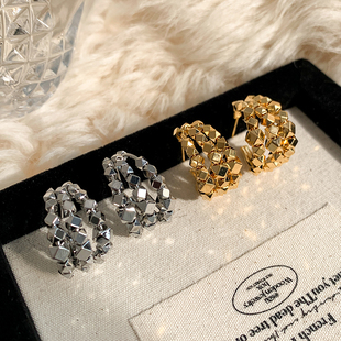 s925银针欧美小众设计金属三层碎银子C形耳环高级感冷淡风耳饰女