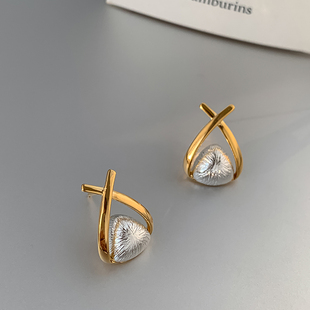 S925银针小众设计金属交叉撞色高级感耳环冷淡风耳钉潮人耳饰短款