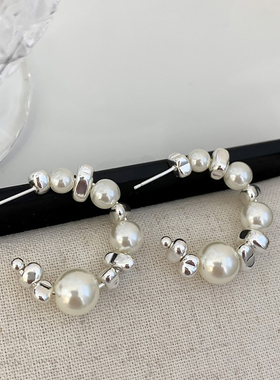 S925银针轻奢清冷小众设计珍珠半圆大耳圈高级感耳环2026新款耳饰
