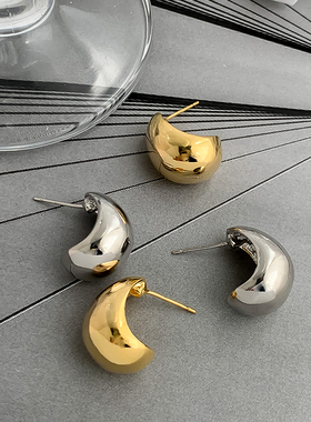 S925银针韩国INS简约质感耳钉法式高级感水滴金属豆豆潮人耳环女