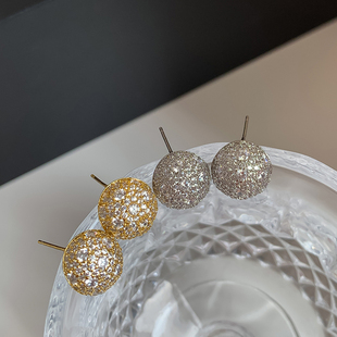 S925银针重工超闪满钻圆球耳环轻奢风气质高级感时尚 女 耳钉短款