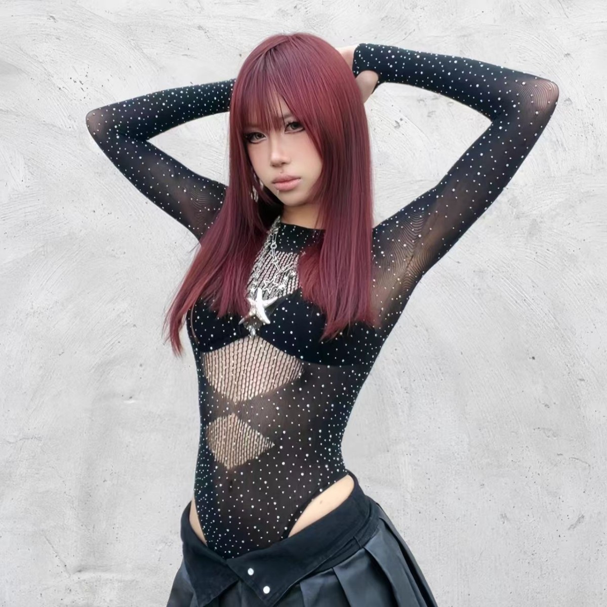 跳舞专用爵士上衣女士爵士衣服heels衣网格烫钻性感高弹连裆长袖