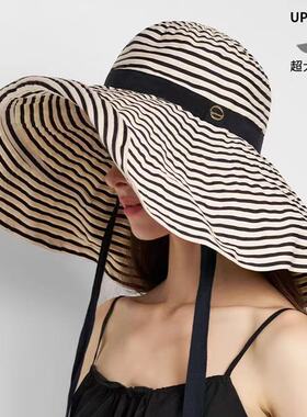 2025新款条纹大帽檐遮阳帽女夏季抗UV海边度假防晒帽遮阳帽